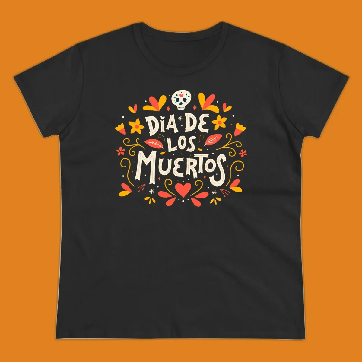 Decorative 'DIA DE LOS MUERTOS' text encircled by a vibrant dia-de-los-muertos-skull-wreath of flowers, leaves, and a sugar skull.