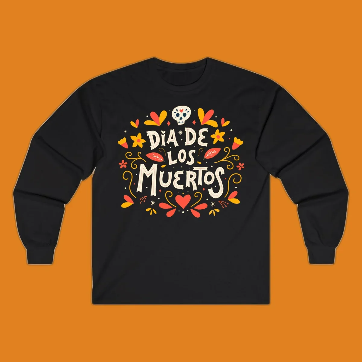 Decorative 'DIA DE LOS MUERTOS' text encircled by a vibrant dia-de-los-muertos-skull-wreath of flowers, leaves, and a sugar skull.