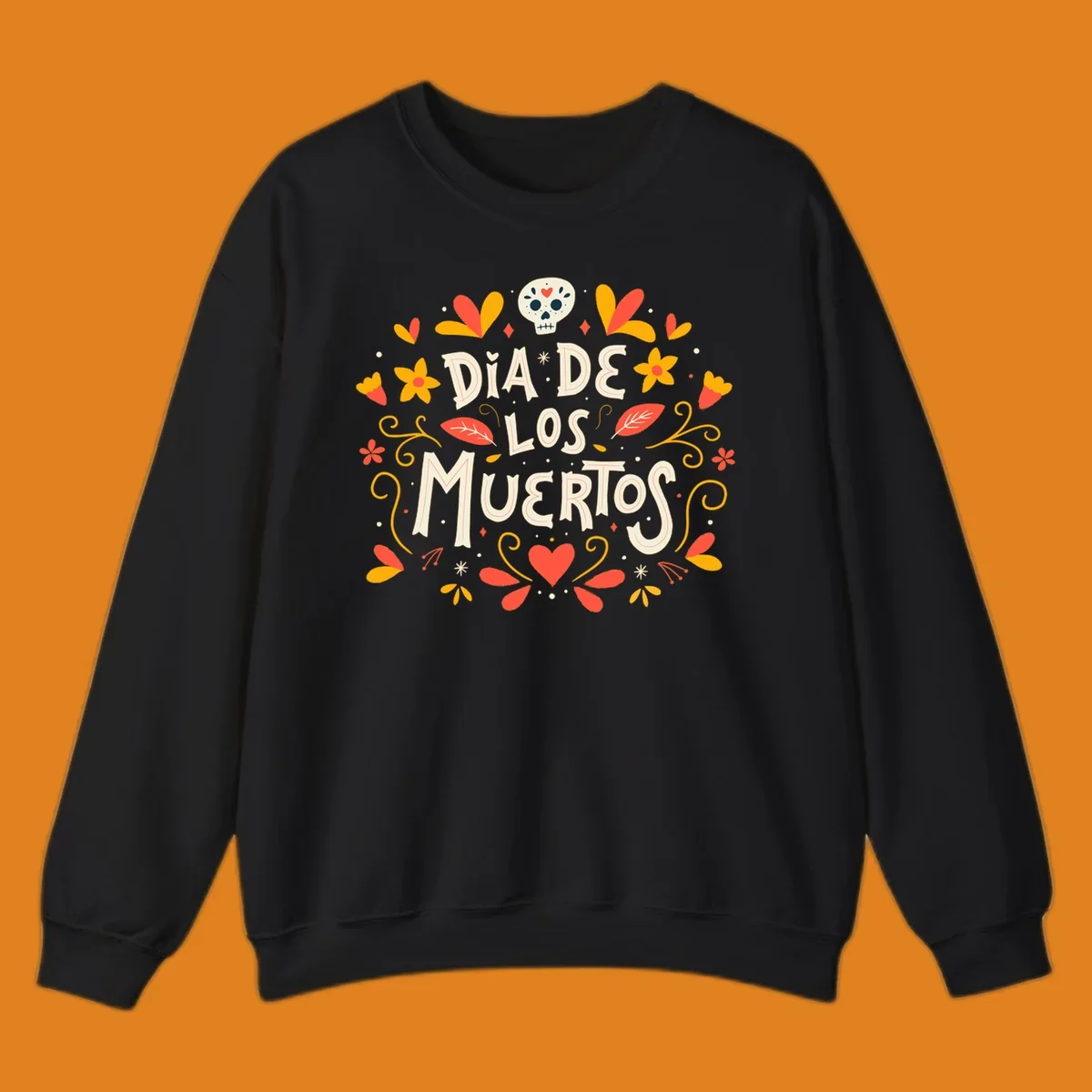 Decorative 'DIA DE LOS MUERTOS' text encircled by a vibrant dia-de-los-muertos-skull-wreath of flowers, leaves, and a sugar skull.