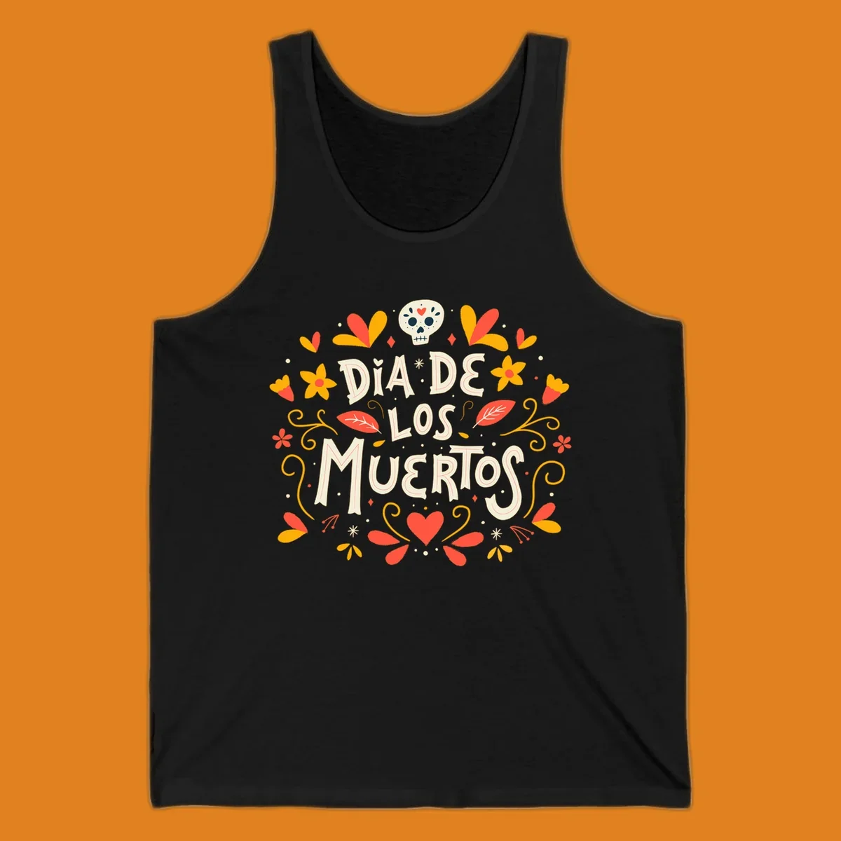 Decorative 'DIA DE LOS MUERTOS' text encircled by a vibrant dia-de-los-muertos-skull-wreath of flowers, leaves, and a sugar skull.