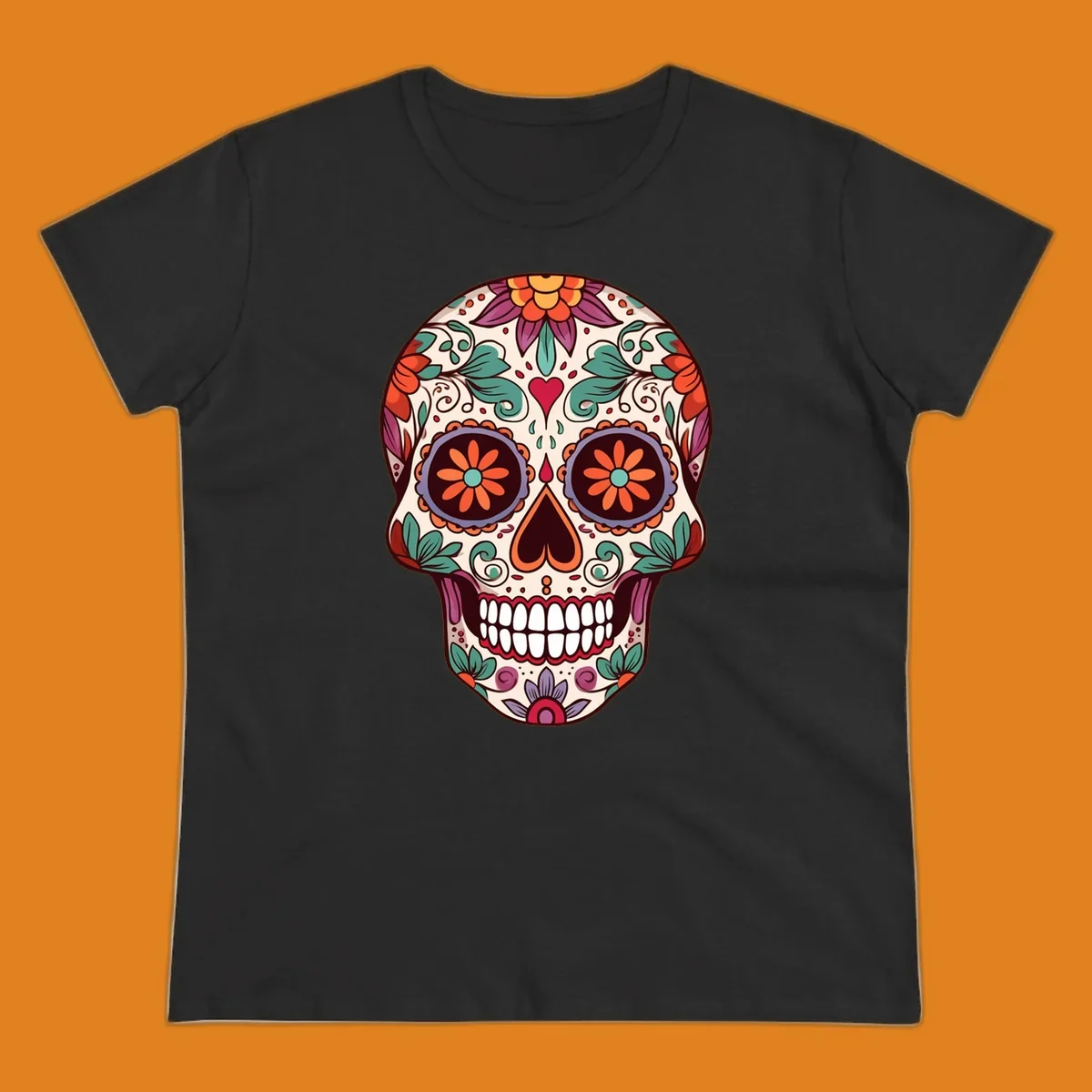 Vibrant floral sugar skull illustration with orange, teal, purple, and red flowers and swirls on a cream background.