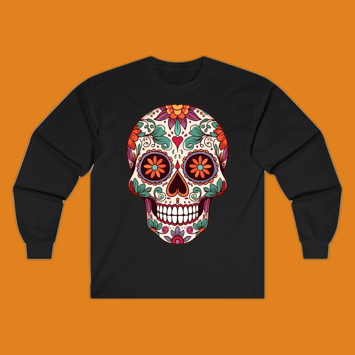 Vibrant floral sugar skull illustration with orange, teal, purple, and red flowers and swirls on a cream background.