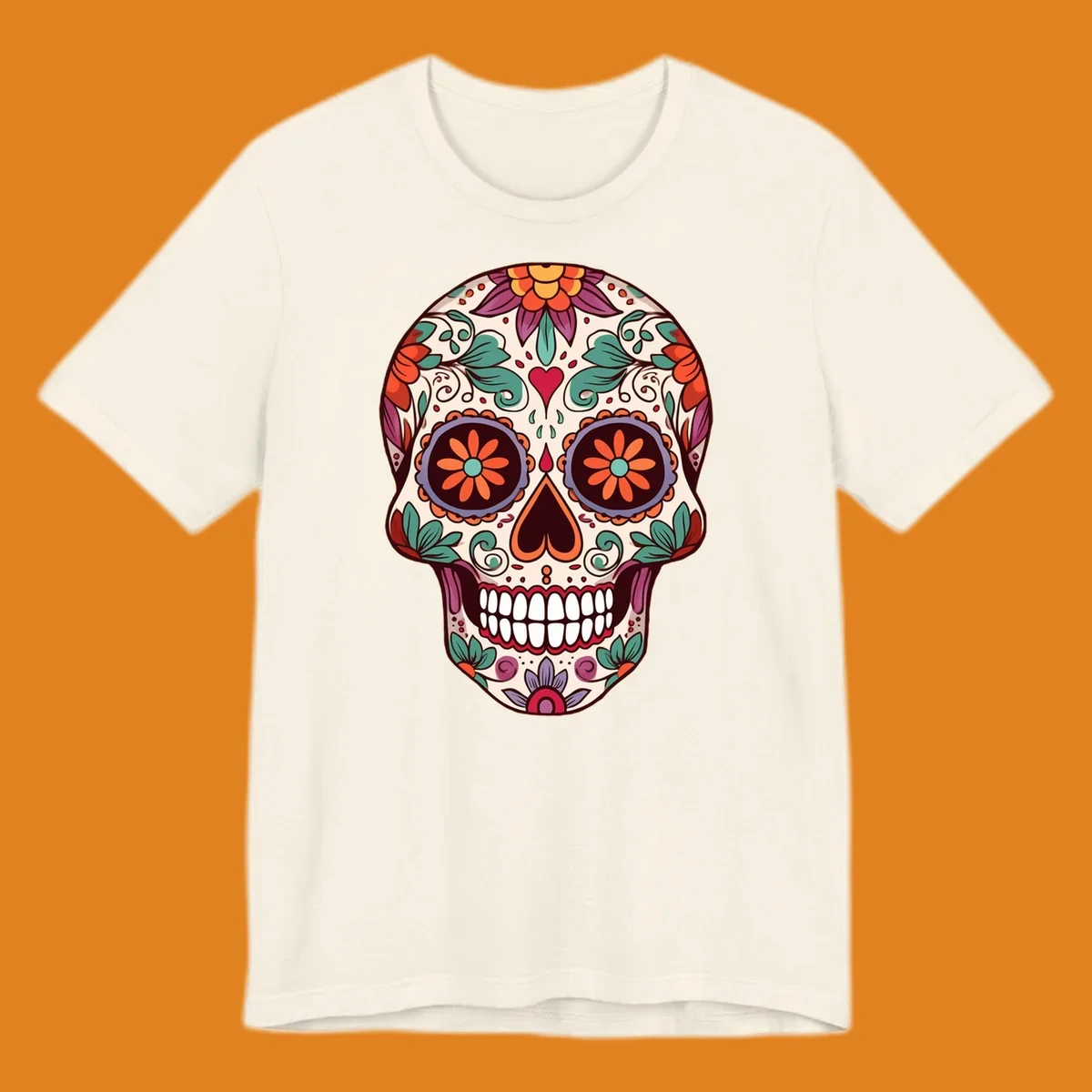 Vibrant floral sugar skull illustration with orange, teal, purple, and red flowers and swirls on a cream background.