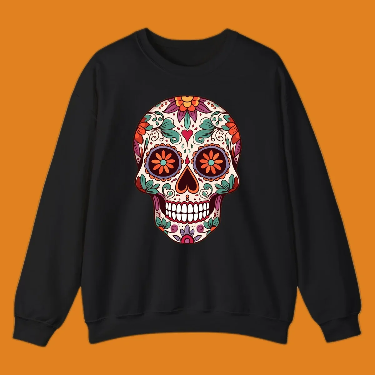 Vibrant floral sugar skull illustration with orange, teal, purple, and red flowers and swirls on a cream background.