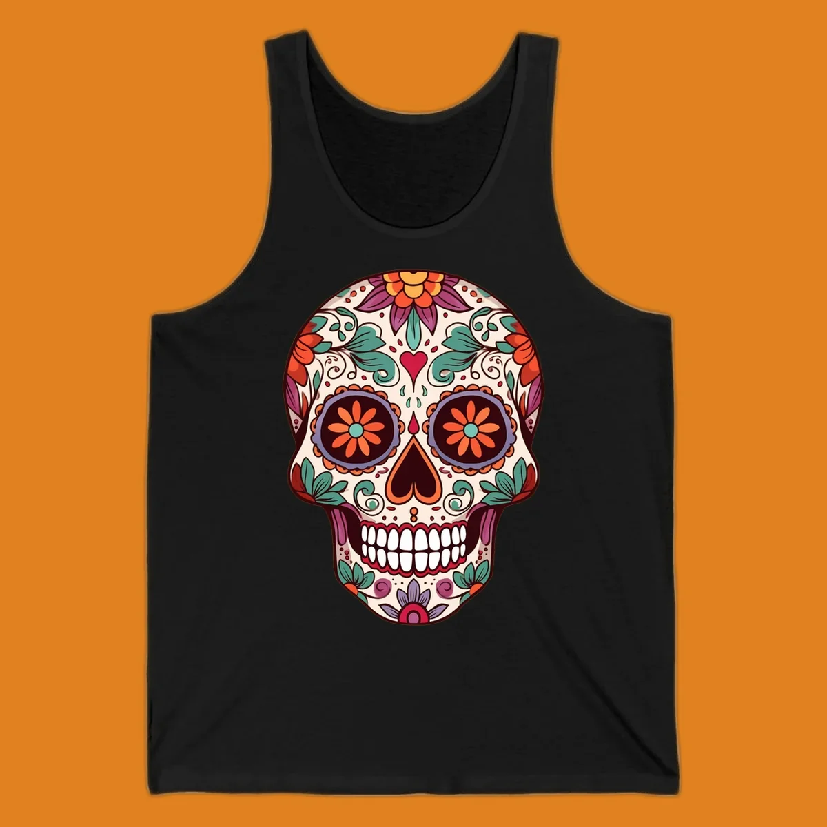 Vibrant floral sugar skull illustration with orange, teal, purple, and red flowers and swirls on a cream background.