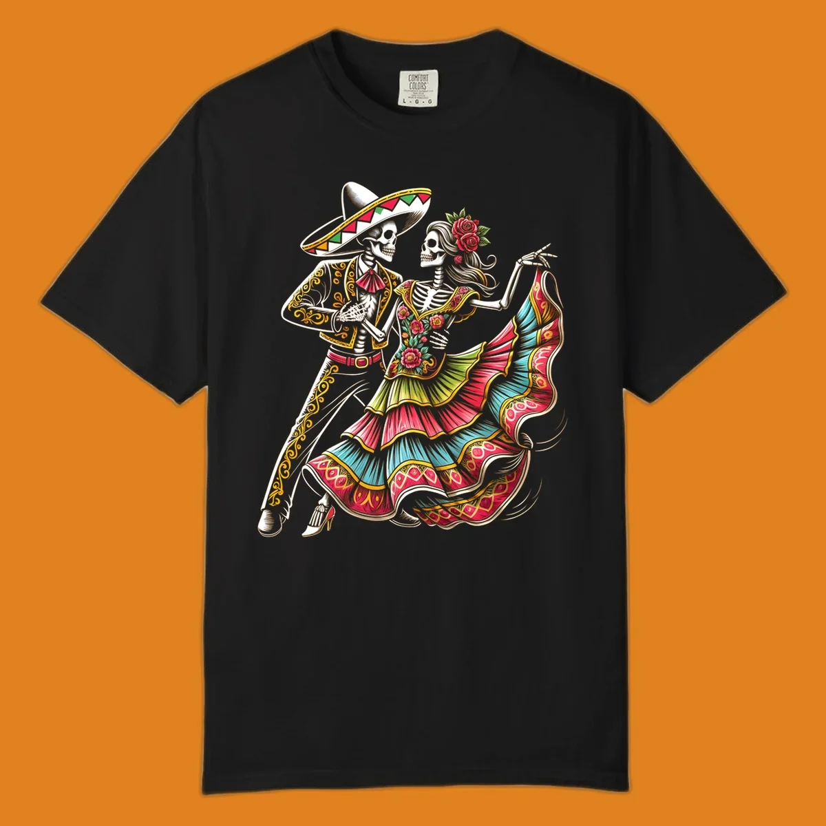 An illustration of a male and female skeleton couple dancing, dressed in elaborate traditional Mexican attire, central to the calavera-couple-dancing concept.