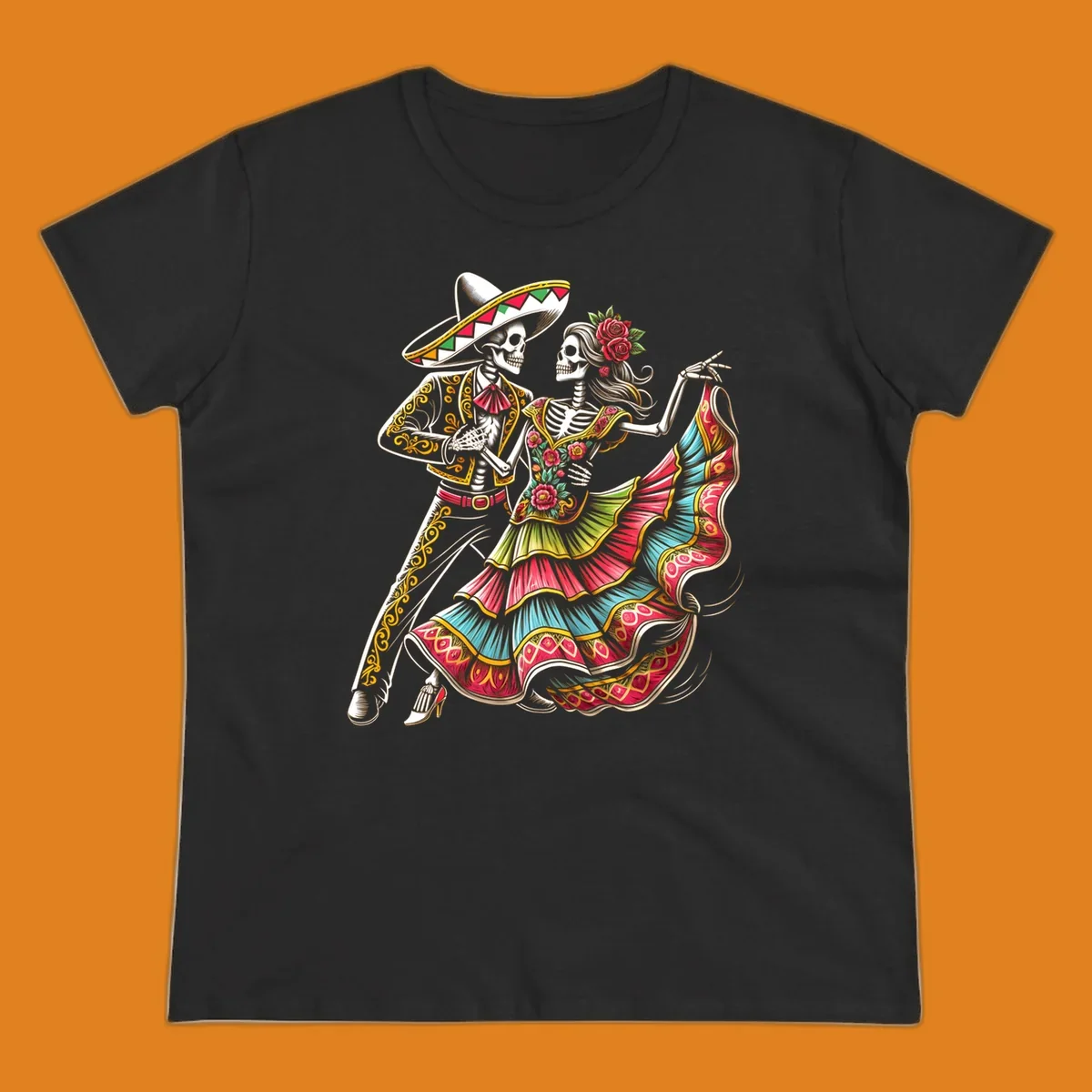 An illustration of a male and female skeleton couple dancing, dressed in elaborate traditional Mexican attire, central to the calavera-couple-dancing concept.
