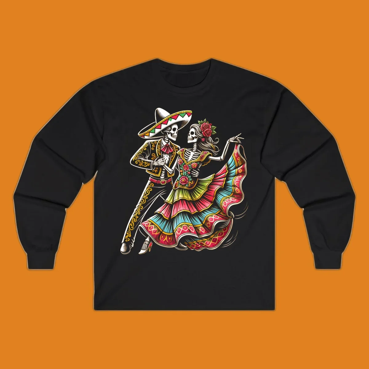 An illustration of a male and female skeleton couple dancing, dressed in elaborate traditional Mexican attire, central to the calavera-couple-dancing concept.