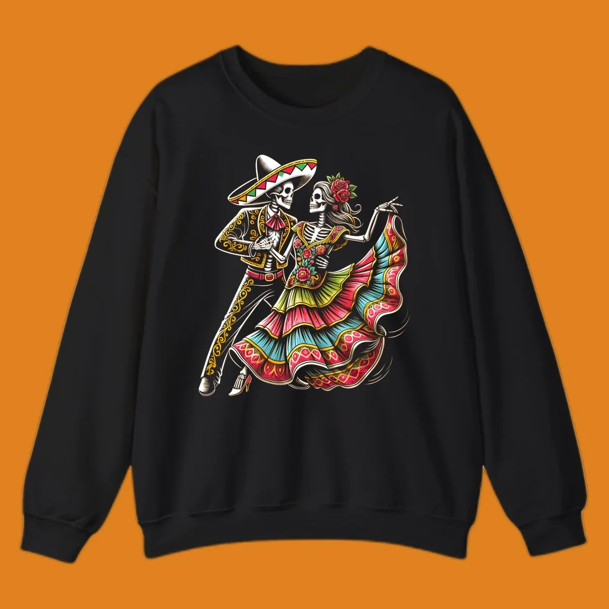An illustration of a male and female skeleton couple dancing, dressed in elaborate traditional Mexican attire, central to the calavera-couple-dancing concept.