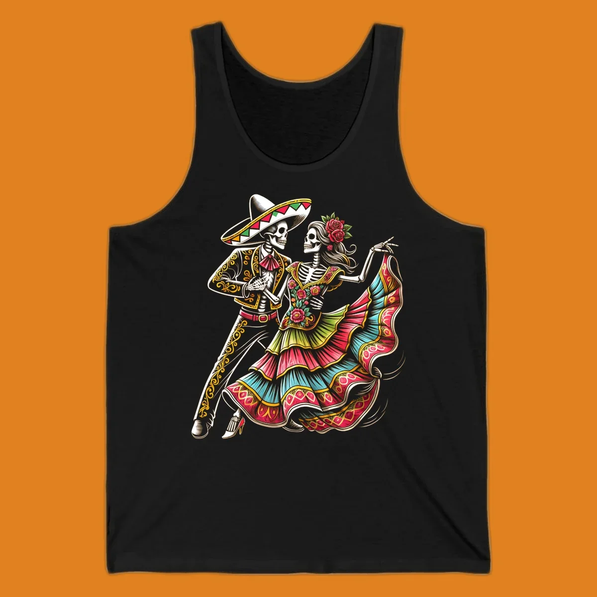 An illustration of a male and female skeleton couple dancing, dressed in elaborate traditional Mexican attire, central to the calavera-couple-dancing concept.