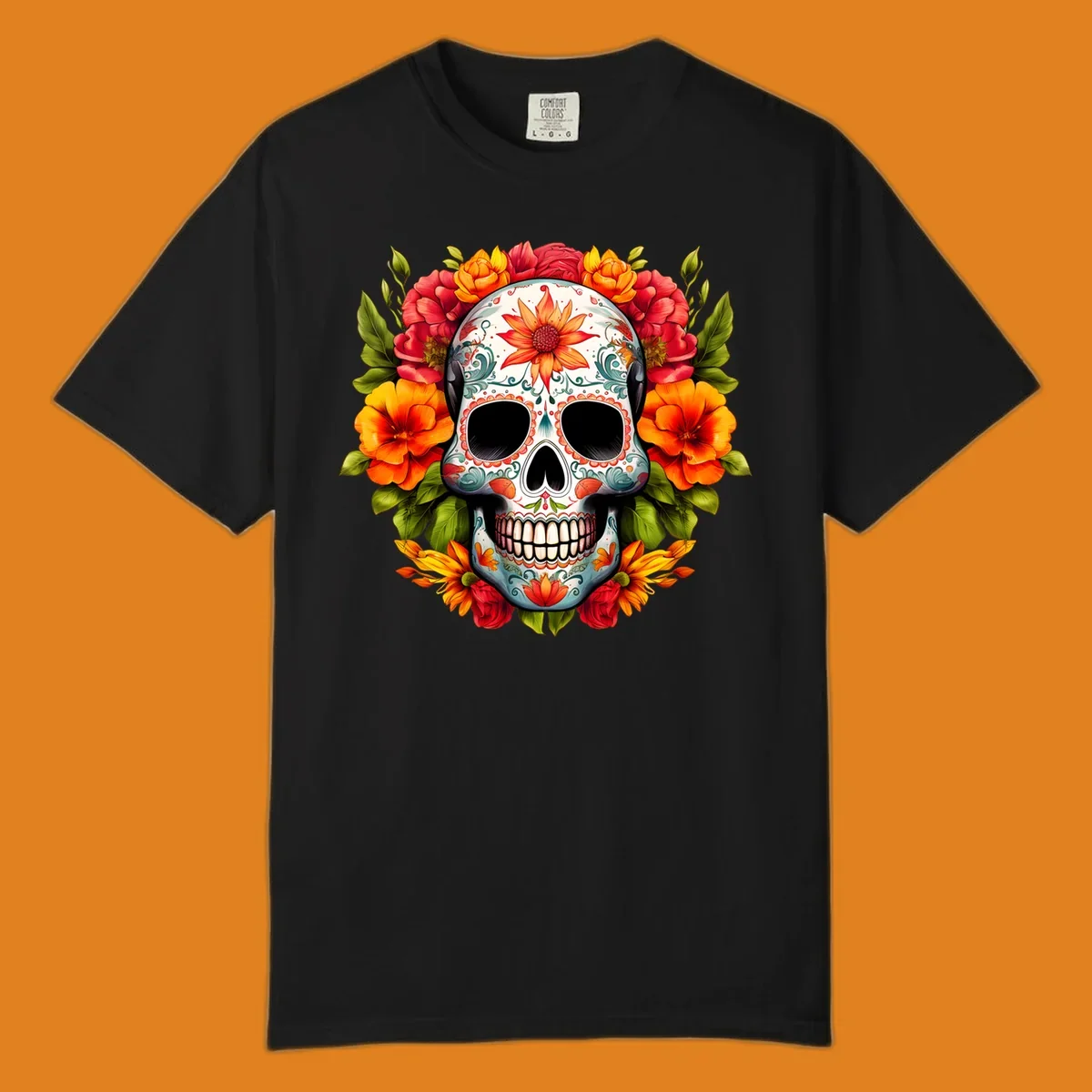 Vibrant floral calavera sugar skull design adorned with intricate patterns and a colorful wreath of red, orange, and yellow flowers.