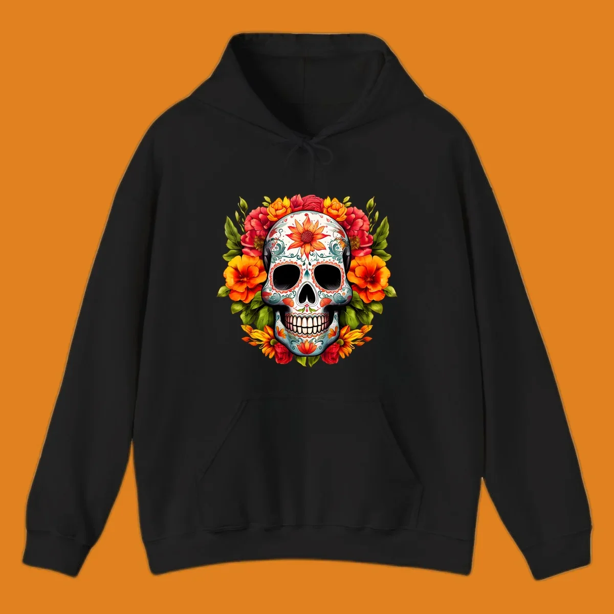Vibrant floral calavera sugar skull design adorned with intricate patterns and a colorful wreath of red, orange, and yellow flowers.