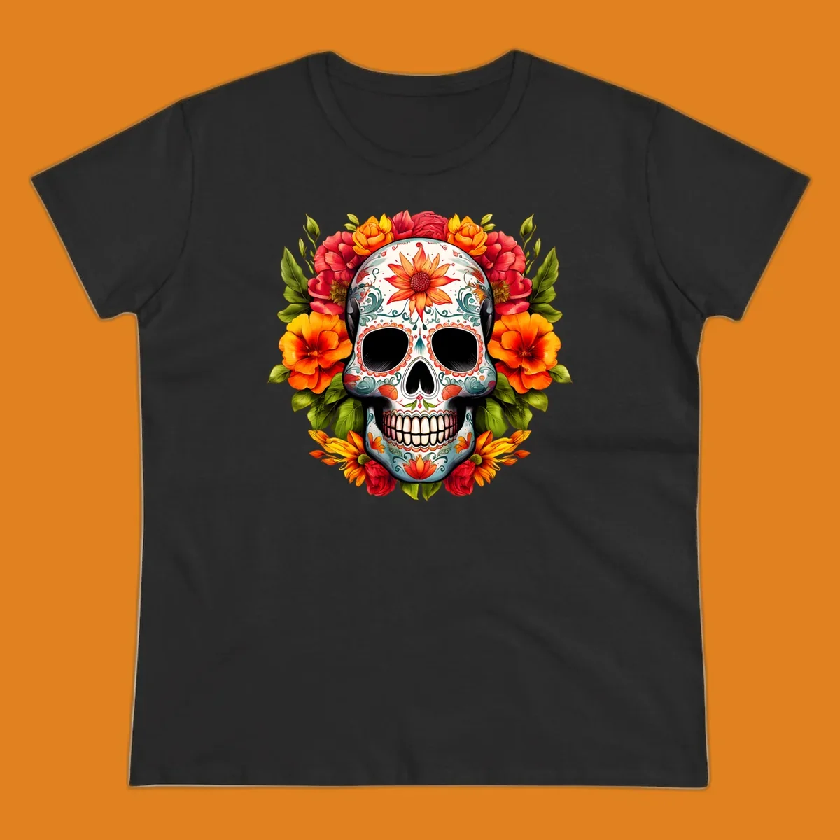 Vibrant floral calavera sugar skull design adorned with intricate patterns and a colorful wreath of red, orange, and yellow flowers.