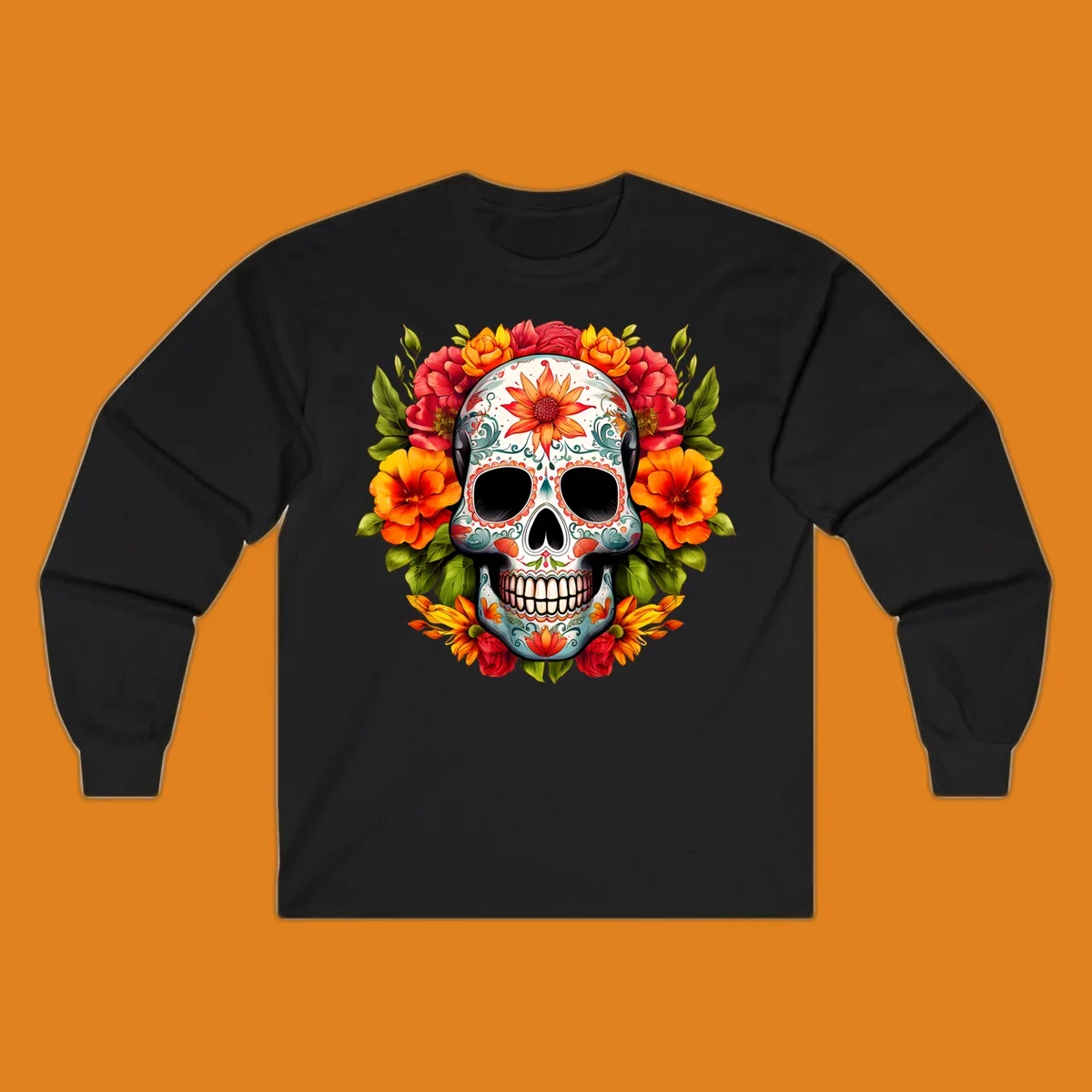 Vibrant floral calavera sugar skull design adorned with intricate patterns and a colorful wreath of red, orange, and yellow flowers.