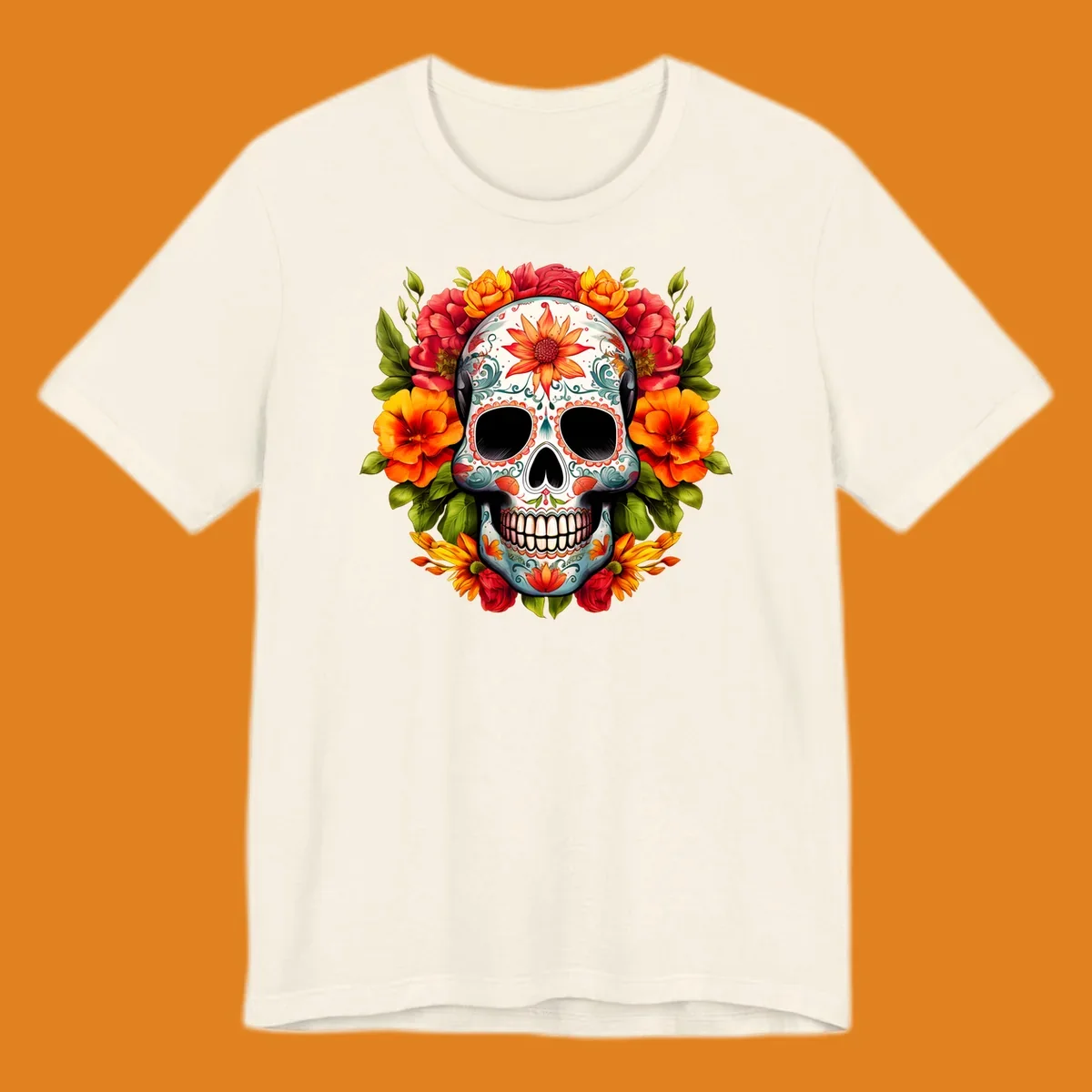Vibrant floral calavera sugar skull design adorned with intricate patterns and a colorful wreath of red, orange, and yellow flowers.