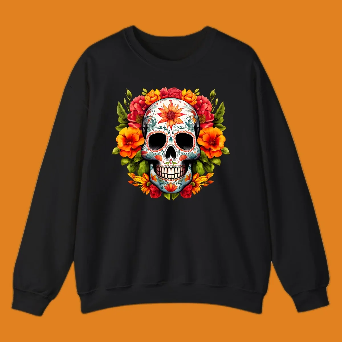 Vibrant floral calavera sugar skull design adorned with intricate patterns and a colorful wreath of red, orange, and yellow flowers.