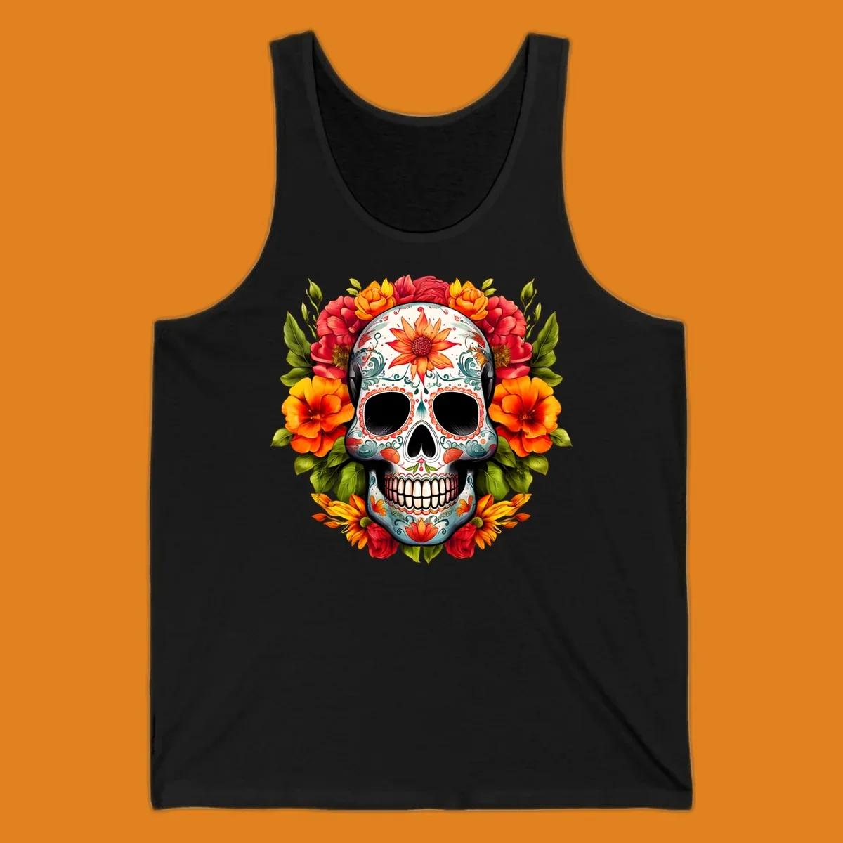 Vibrant floral calavera sugar skull design adorned with intricate patterns and a colorful wreath of red, orange, and yellow flowers.
