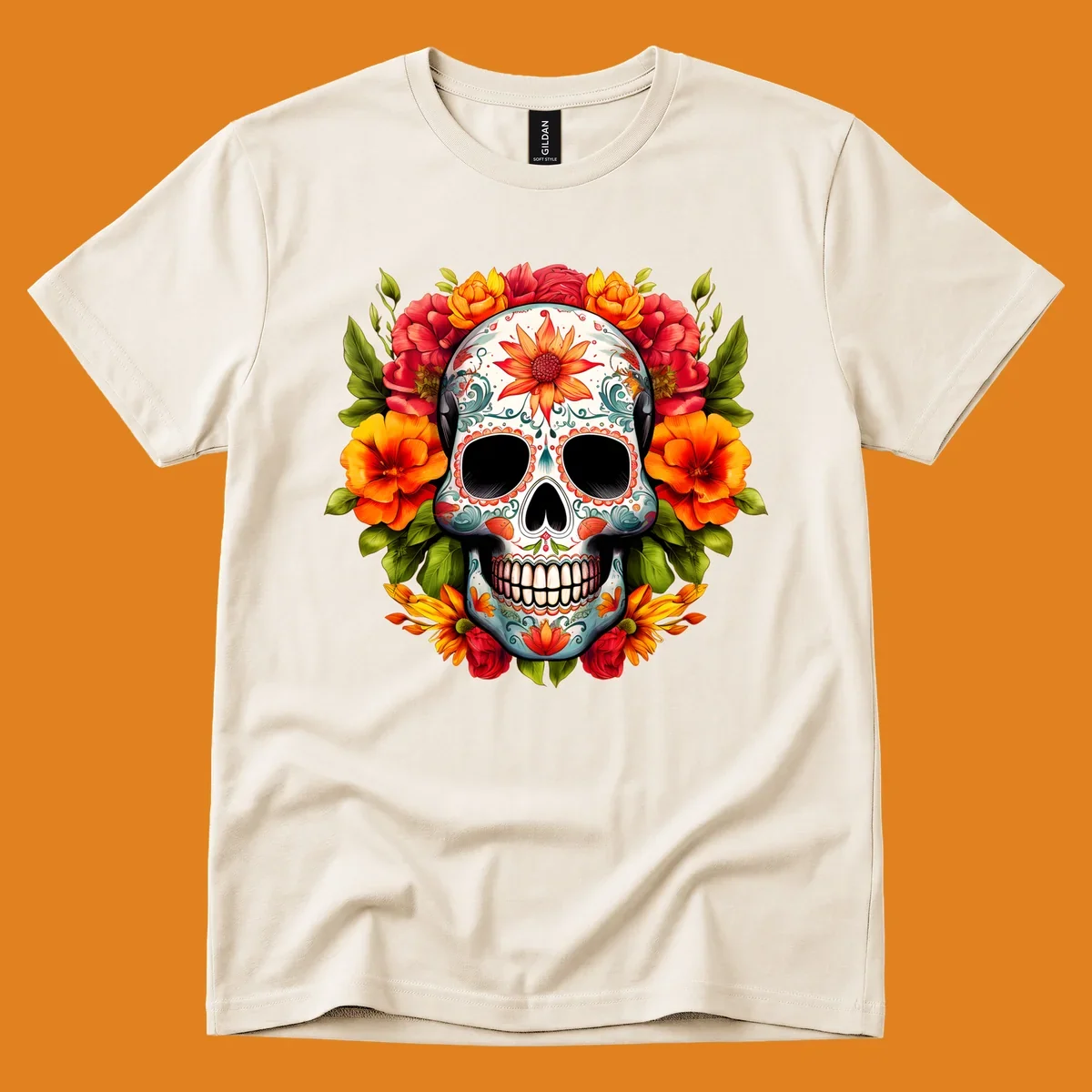 Vibrant floral calavera sugar skull design adorned with intricate patterns and a colorful wreath of red, orange, and yellow flowers.