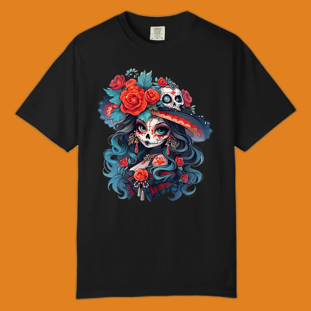 Vibrant illustration of a calavera woman with blue eyes, sugar skull makeup, long teal hair, and a hat with red roses and a skull, showcasing calavera-woman-roses-skull art.