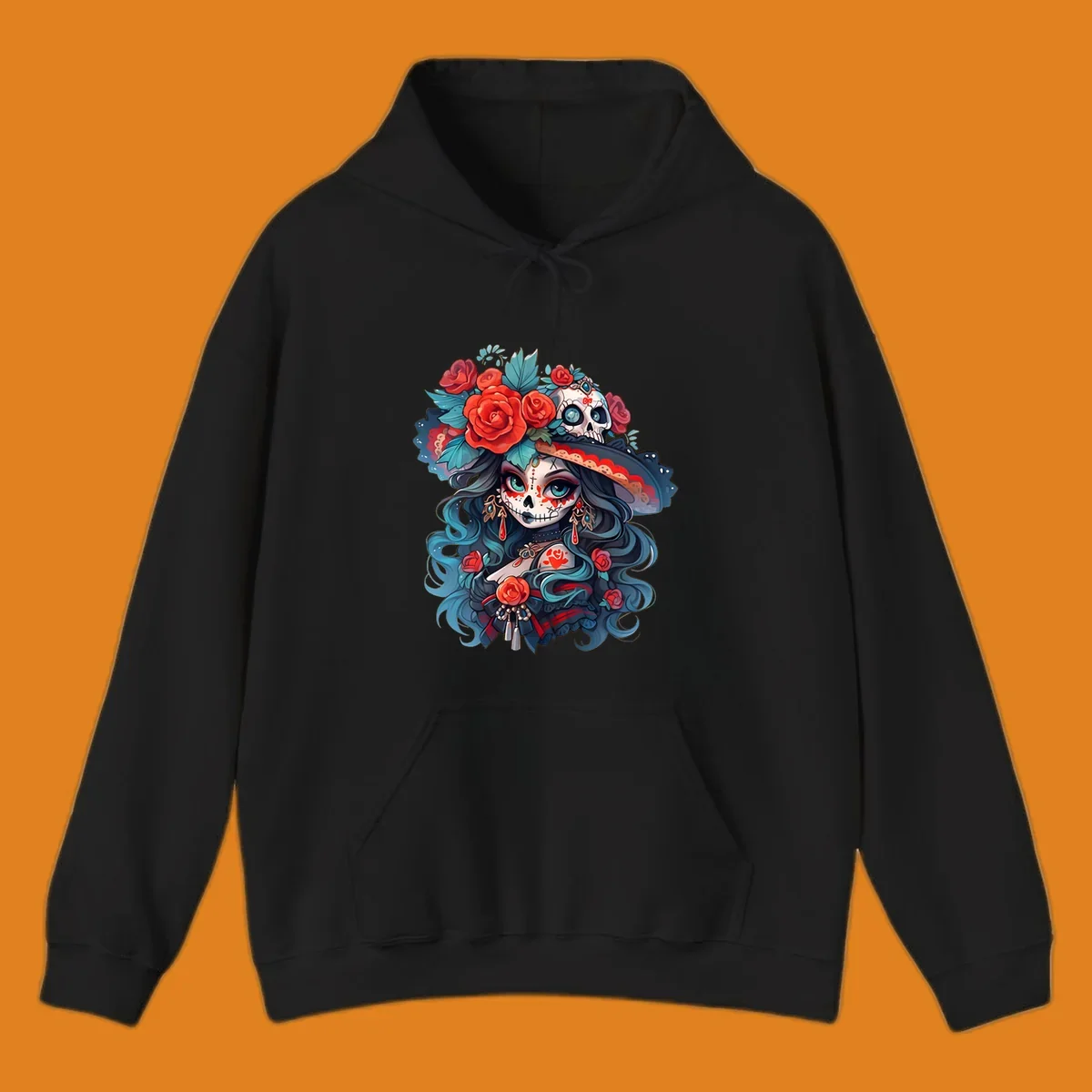 Vibrant illustration of a calavera woman with blue eyes, sugar skull makeup, long teal hair, and a hat with red roses and a skull, showcasing calavera-woman-roses-skull art.