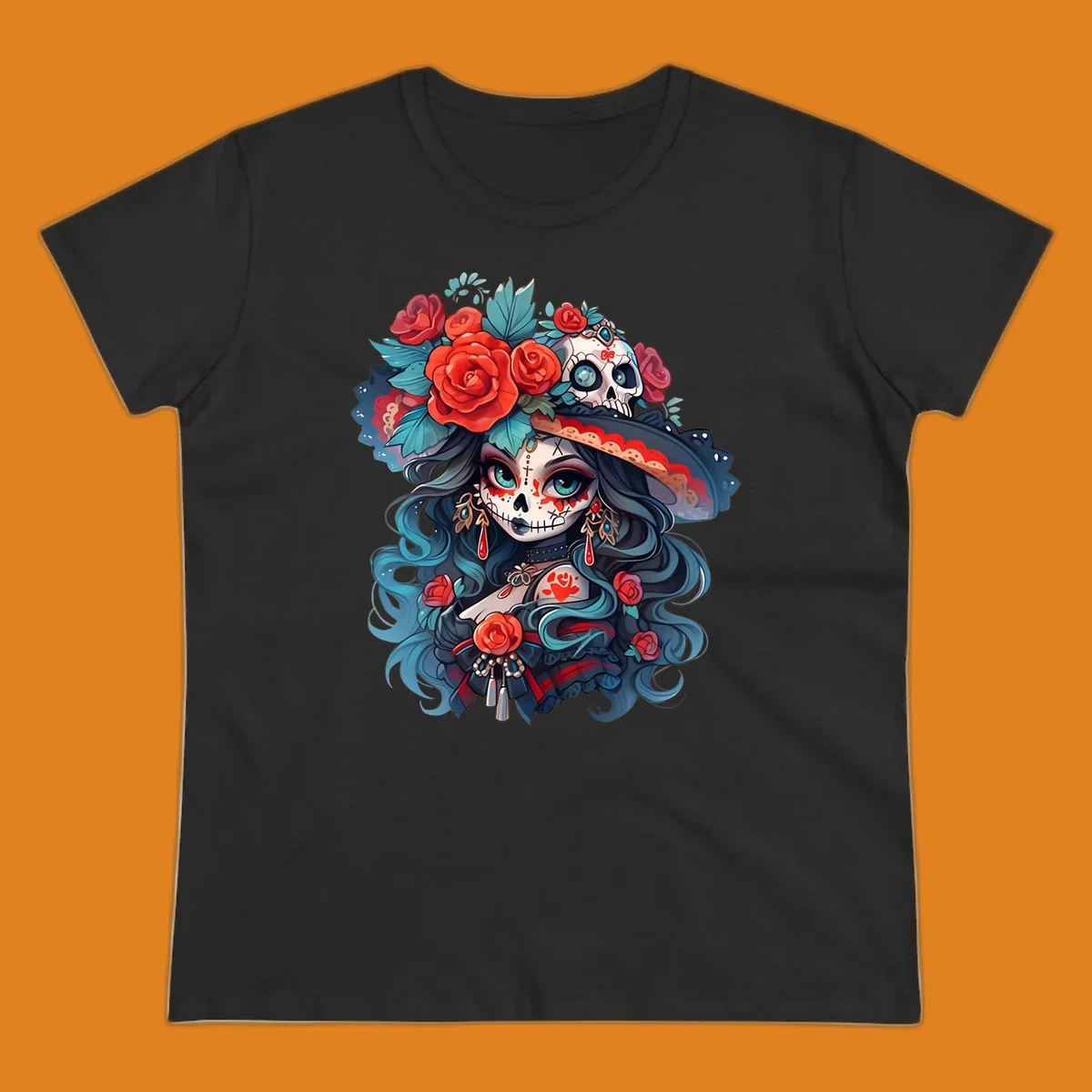 Vibrant illustration of a calavera woman with blue eyes, sugar skull makeup, long teal hair, and a hat with red roses and a skull, showcasing calavera-woman-roses-skull art.