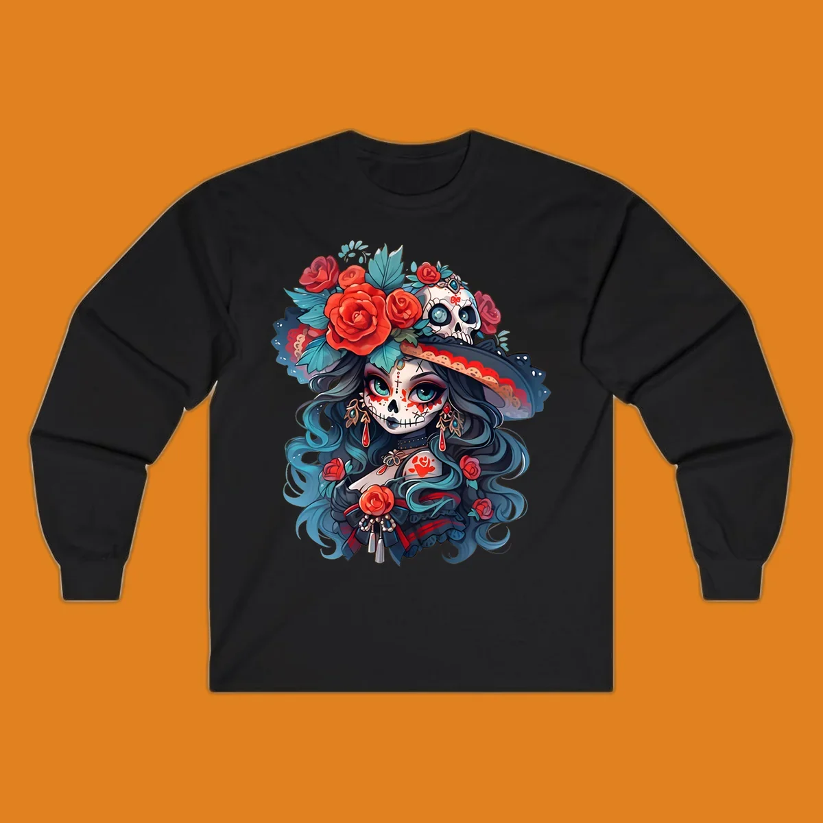 Vibrant illustration of a calavera woman with blue eyes, sugar skull makeup, long teal hair, and a hat with red roses and a skull, showcasing calavera-woman-roses-skull art.