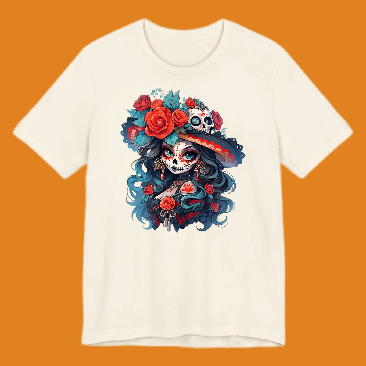 Vibrant illustration of a calavera woman with blue eyes, sugar skull makeup, long teal hair, and a hat with red roses and a skull, showcasing calavera-woman-roses-skull art.