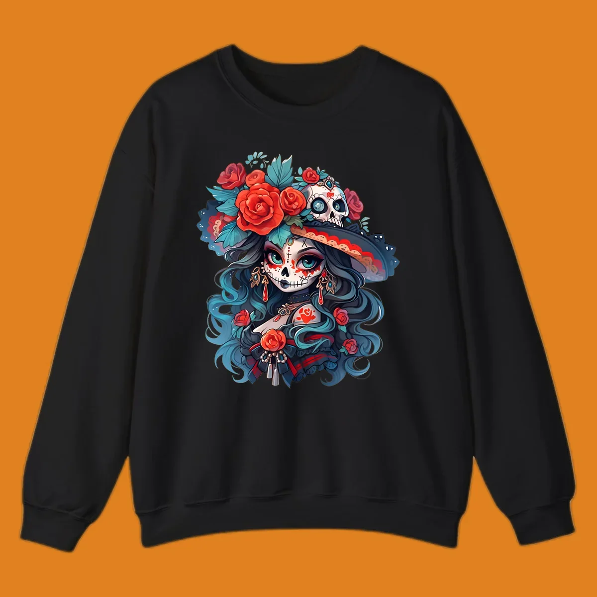 Vibrant illustration of a calavera woman with blue eyes, sugar skull makeup, long teal hair, and a hat with red roses and a skull, showcasing calavera-woman-roses-skull art.