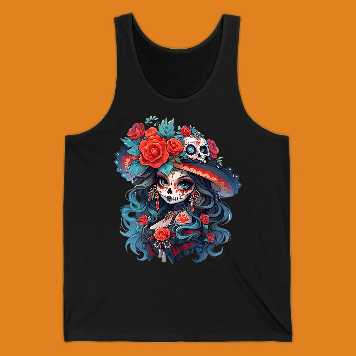 Vibrant illustration of a calavera woman with blue eyes, sugar skull makeup, long teal hair, and a hat with red roses and a skull, showcasing calavera-woman-roses-skull art.
