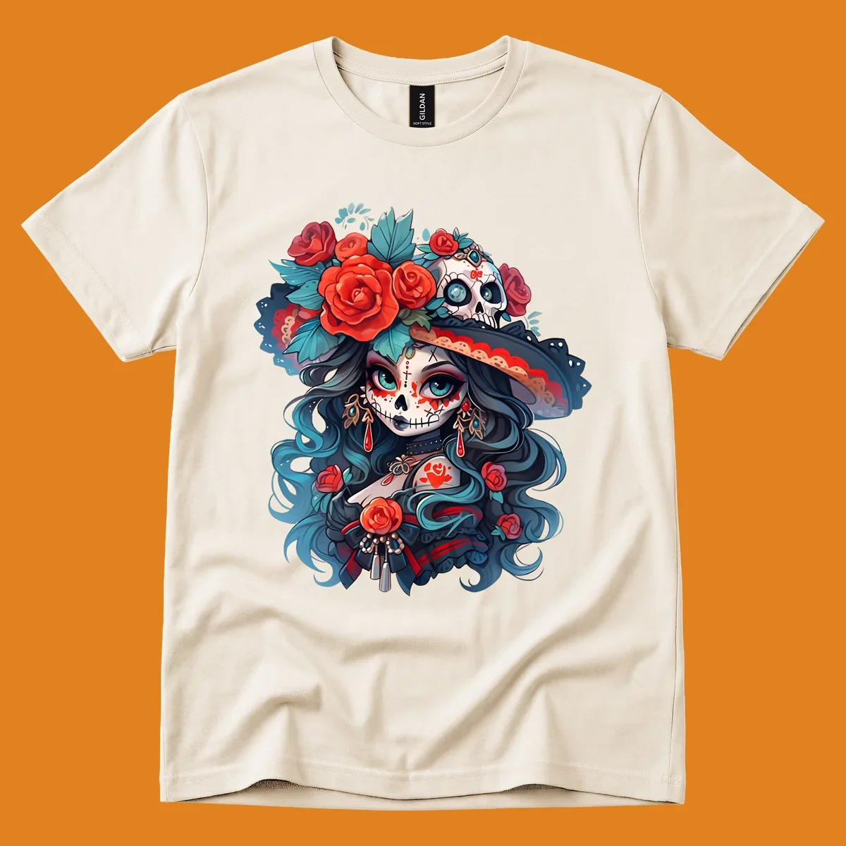 Vibrant illustration of a calavera woman with blue eyes, sugar skull makeup, long teal hair, and a hat with red roses and a skull, showcasing calavera-woman-roses-skull art.