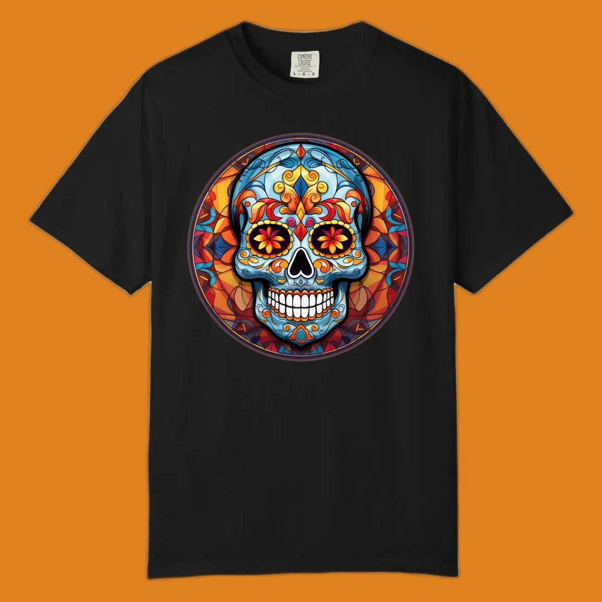 A vibrant blue stained glass sugar skull with orange, yellow, and red floral patterns, set in a circular mosaic frame.