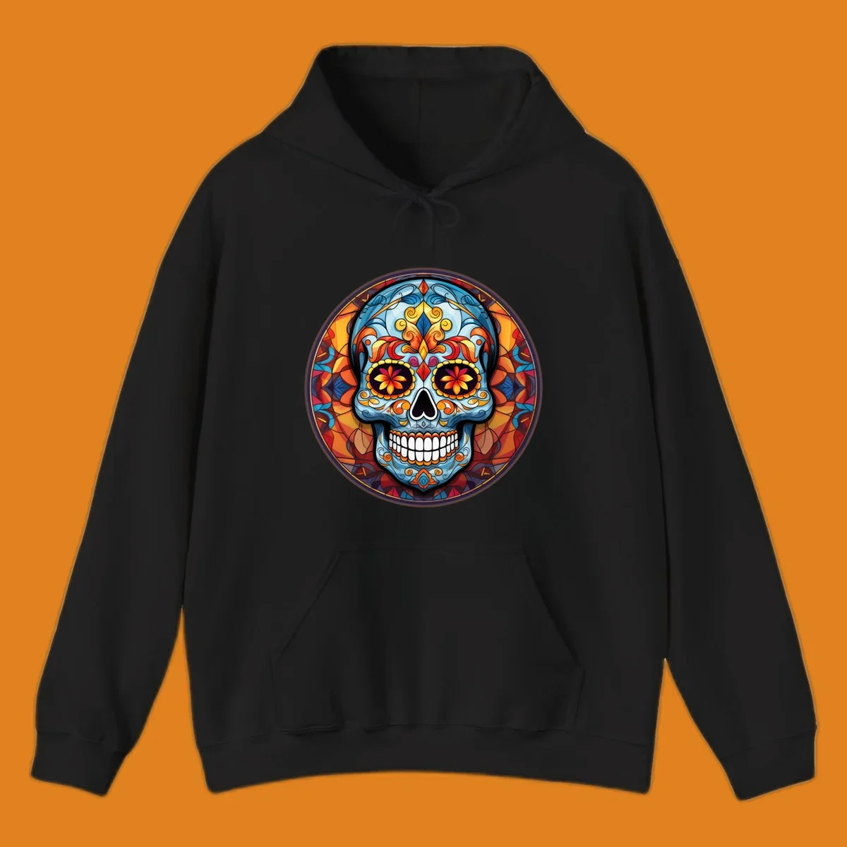 A vibrant blue stained glass sugar skull with orange, yellow, and red floral patterns, set in a circular mosaic frame.