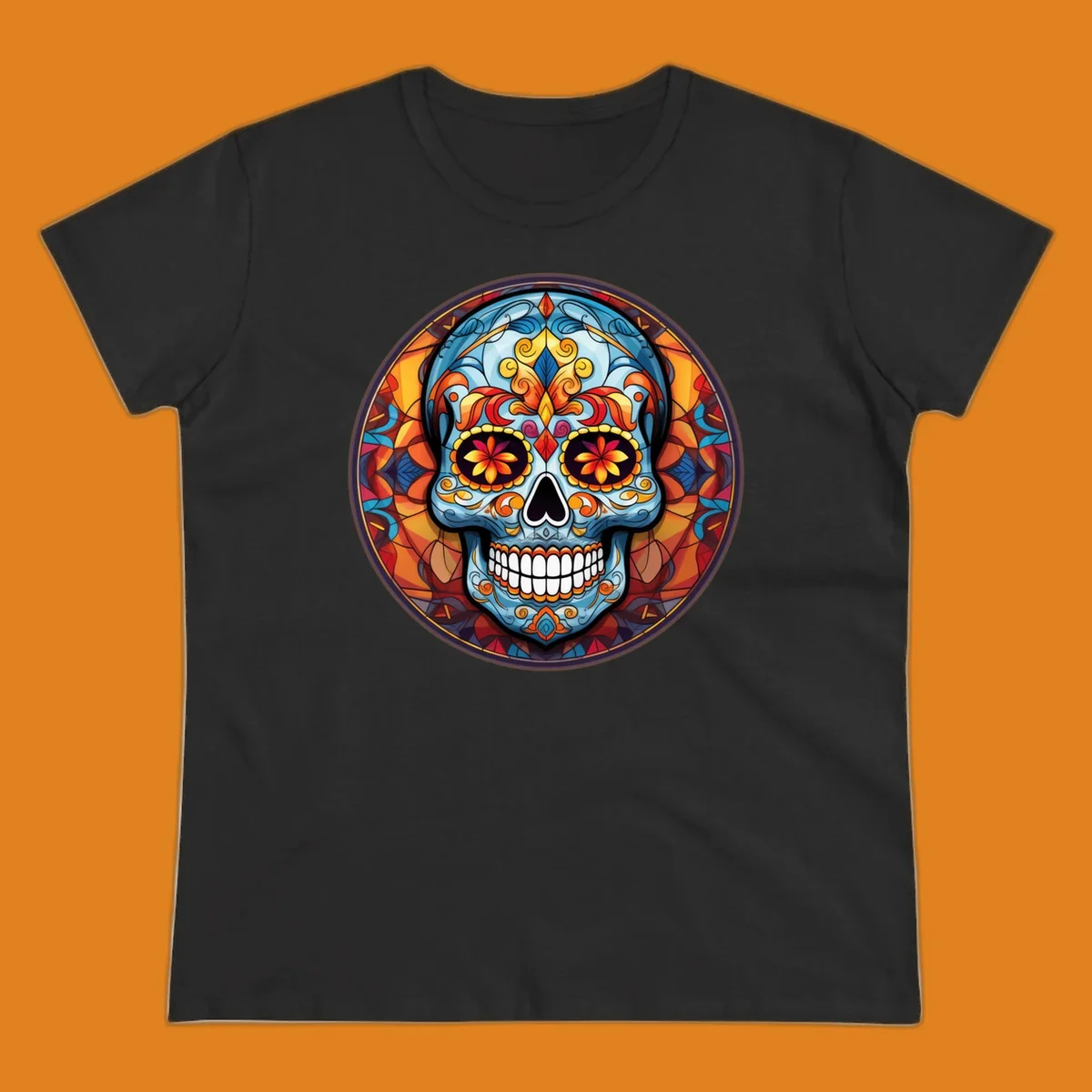 A vibrant blue stained glass sugar skull with orange, yellow, and red floral patterns, set in a circular mosaic frame.