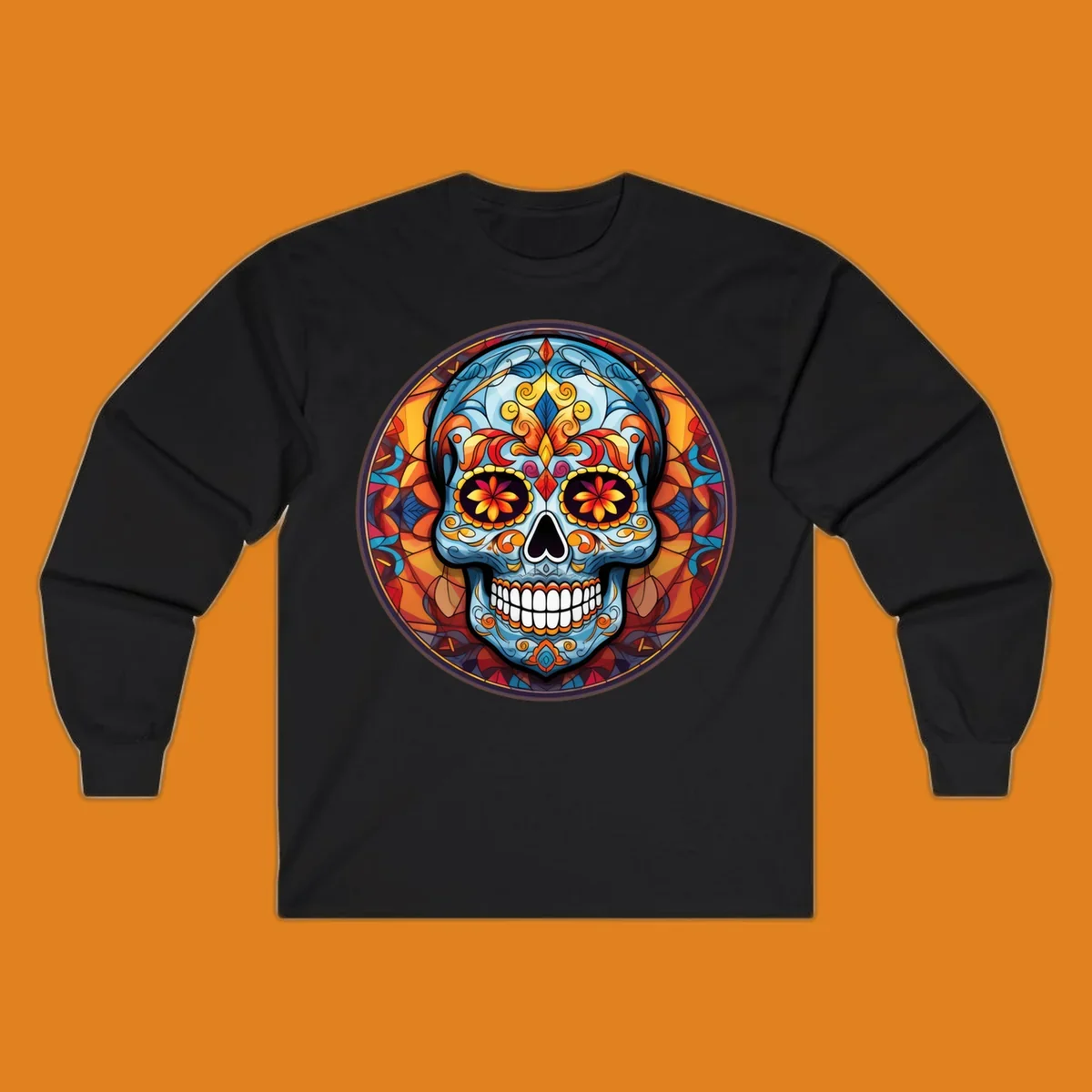 A vibrant blue stained glass sugar skull with orange, yellow, and red floral patterns, set in a circular mosaic frame.