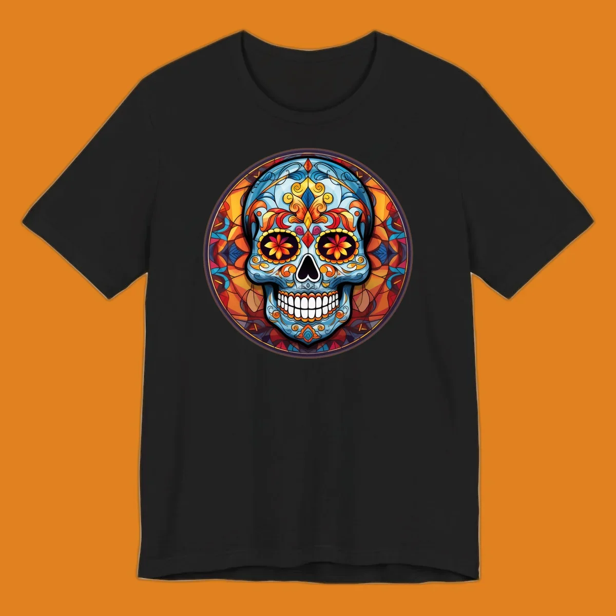 A vibrant blue stained glass sugar skull with orange, yellow, and red floral patterns, set in a circular mosaic frame.