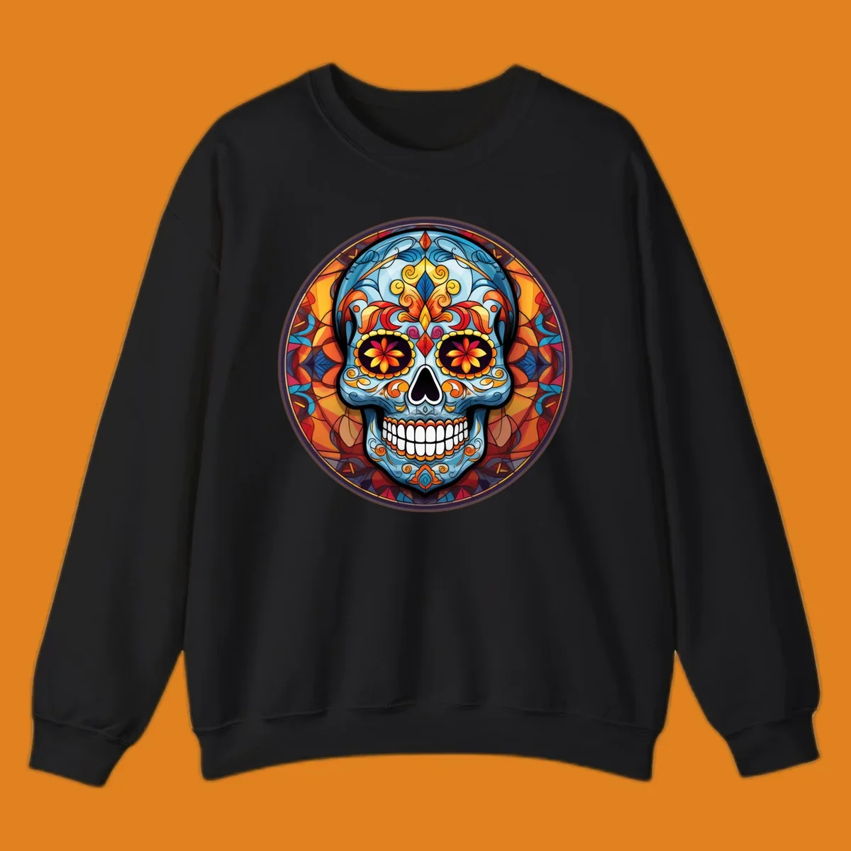 A vibrant blue stained glass sugar skull with orange, yellow, and red floral patterns, set in a circular mosaic frame.