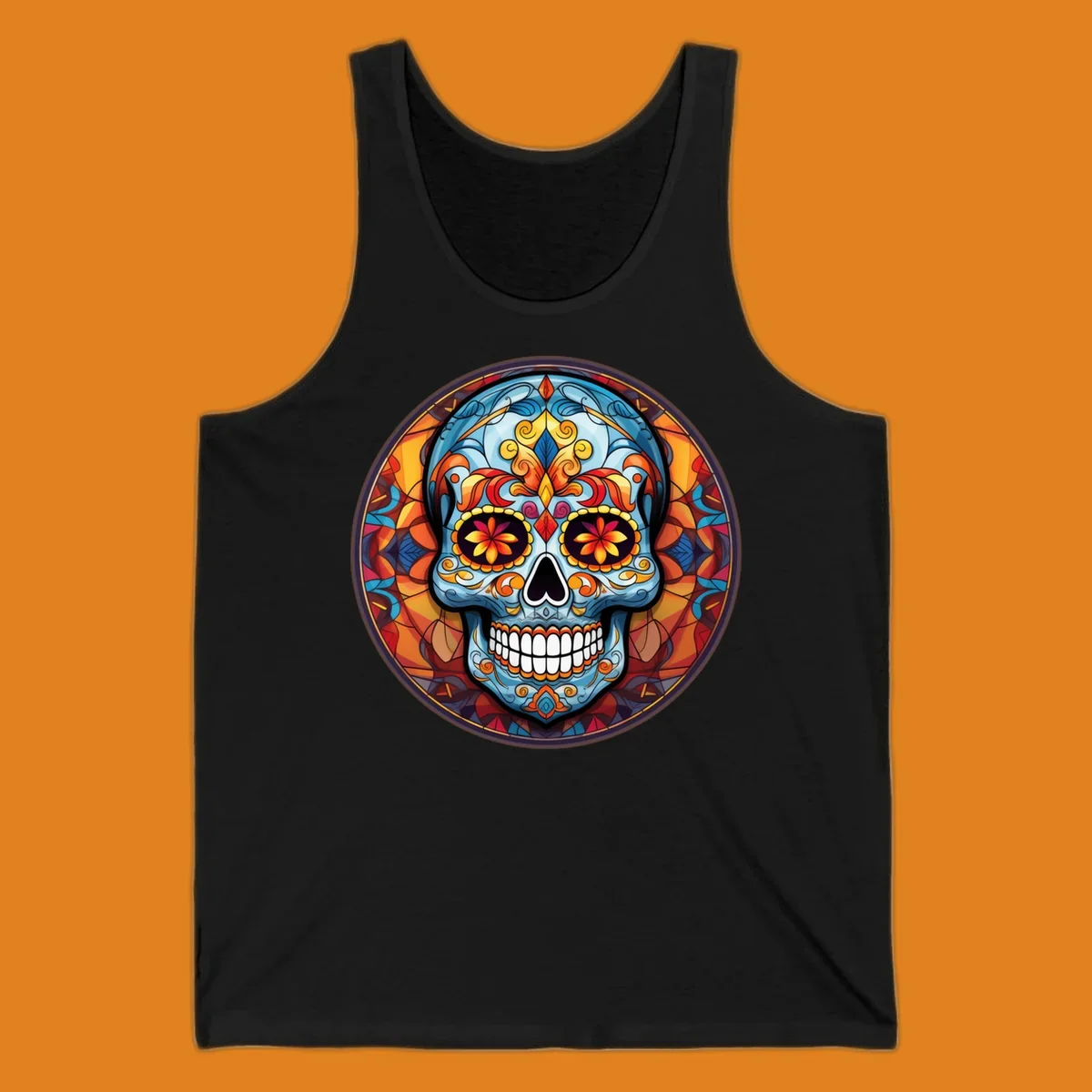 A vibrant blue stained glass sugar skull with orange, yellow, and red floral patterns, set in a circular mosaic frame.