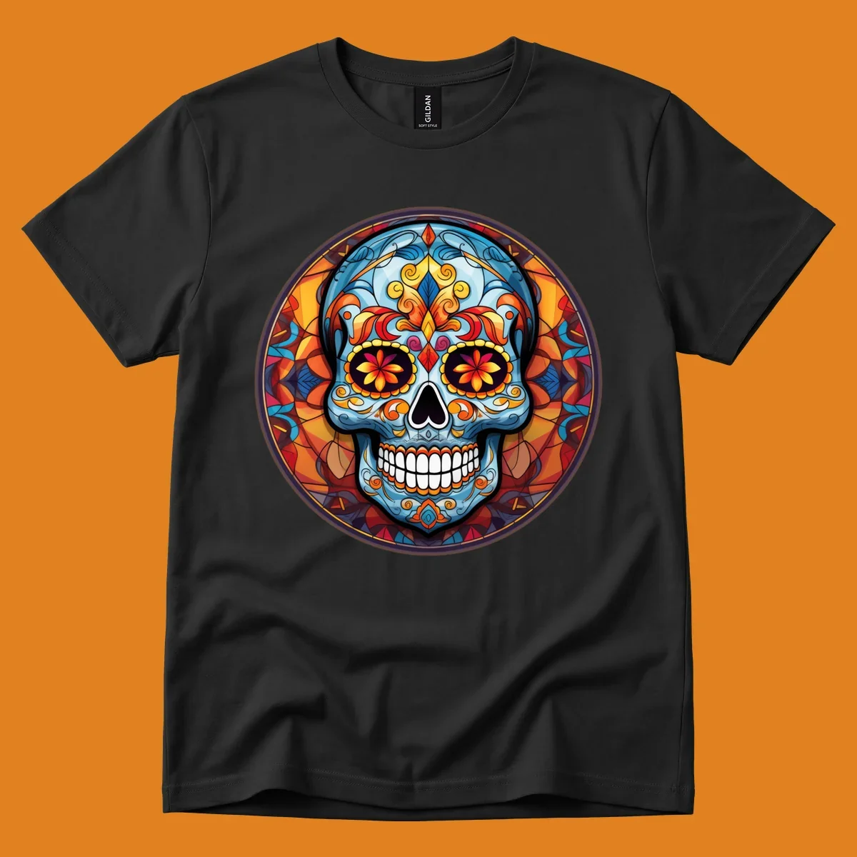 A vibrant blue stained glass sugar skull with orange, yellow, and red floral patterns, set in a circular mosaic frame.