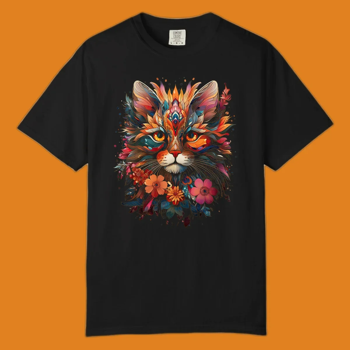 A highly detailed and vibrant floral cat mandala illustration, featuring intricate patterns and rich colors.