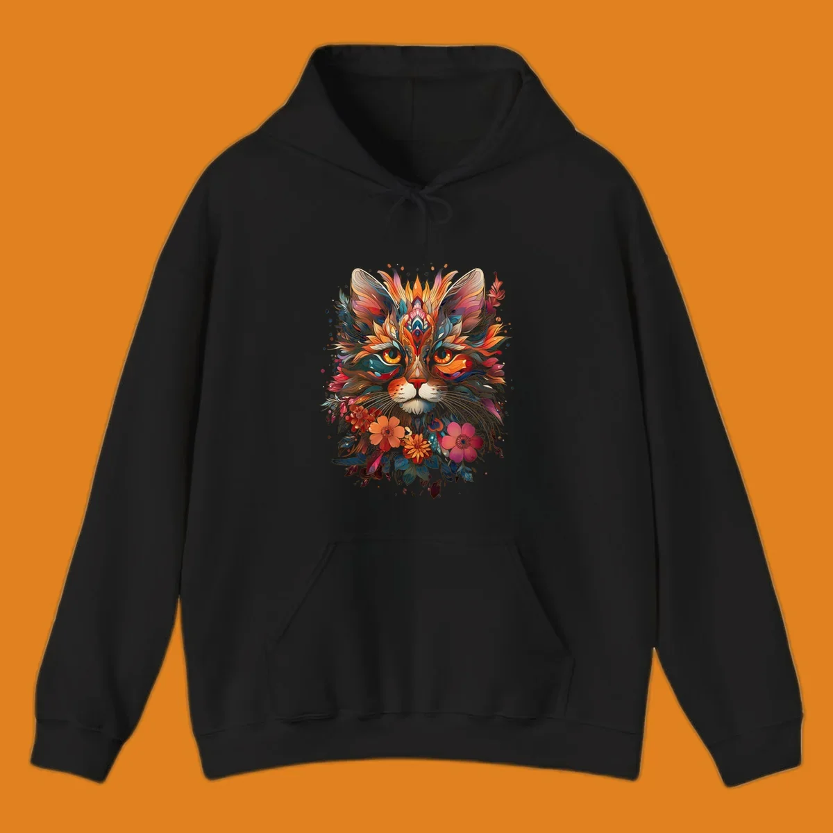 A highly detailed and vibrant floral cat mandala illustration, featuring intricate patterns and rich colors.