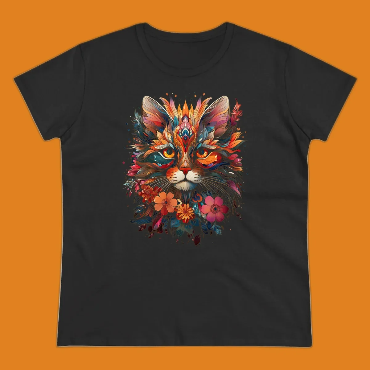 A highly detailed and vibrant floral cat mandala illustration, featuring intricate patterns and rich colors.