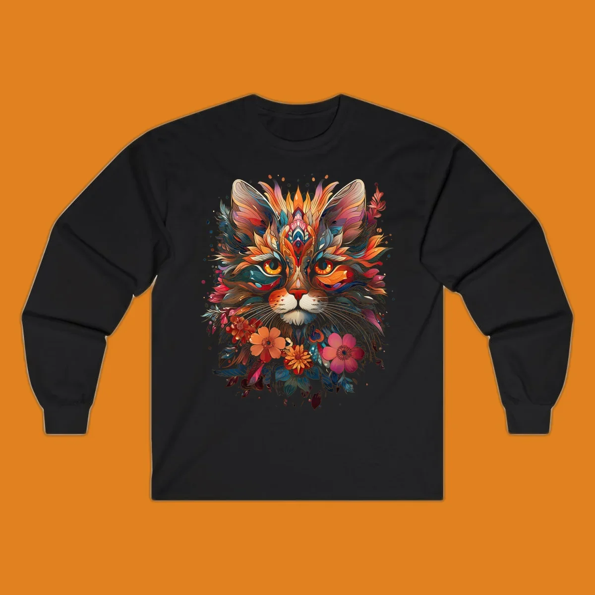 A highly detailed and vibrant floral cat mandala illustration, featuring intricate patterns and rich colors.