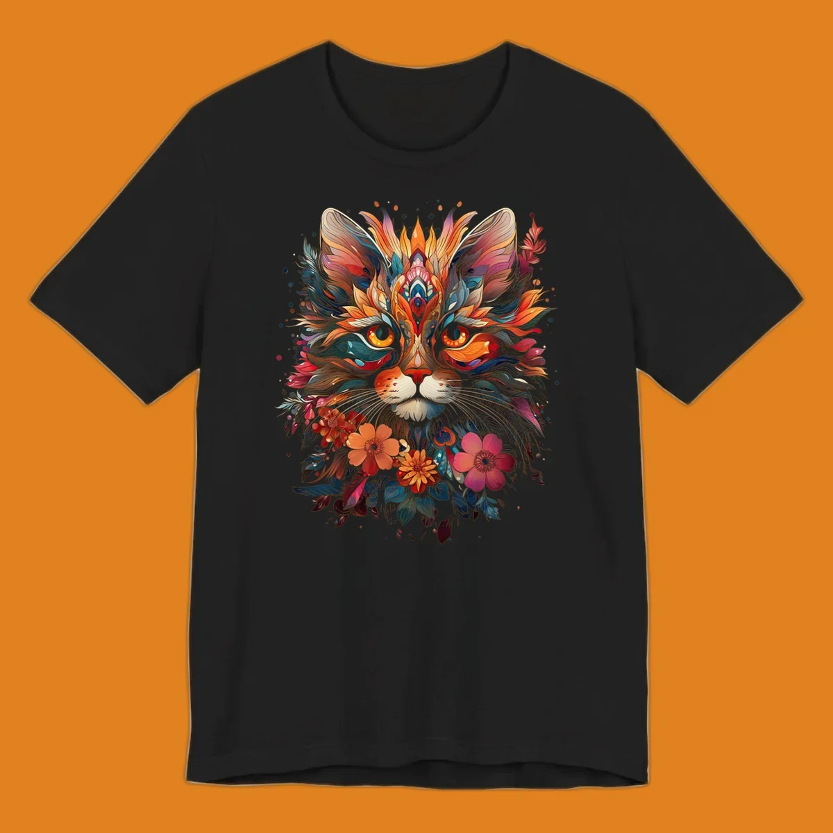 A highly detailed and vibrant floral cat mandala illustration, featuring intricate patterns and rich colors.