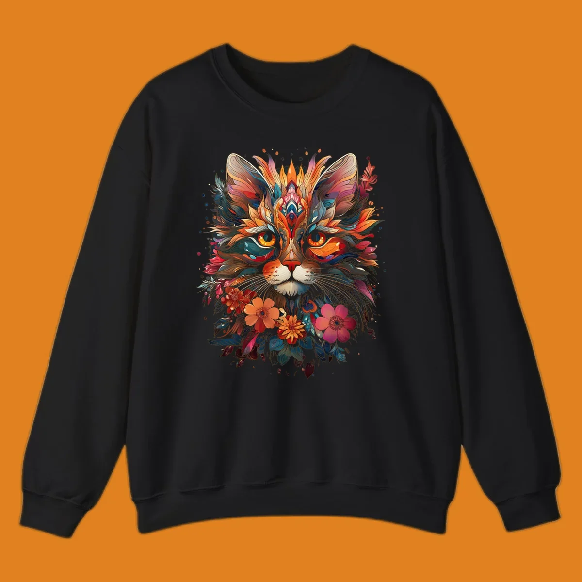 A highly detailed and vibrant floral cat mandala illustration, featuring intricate patterns and rich colors.