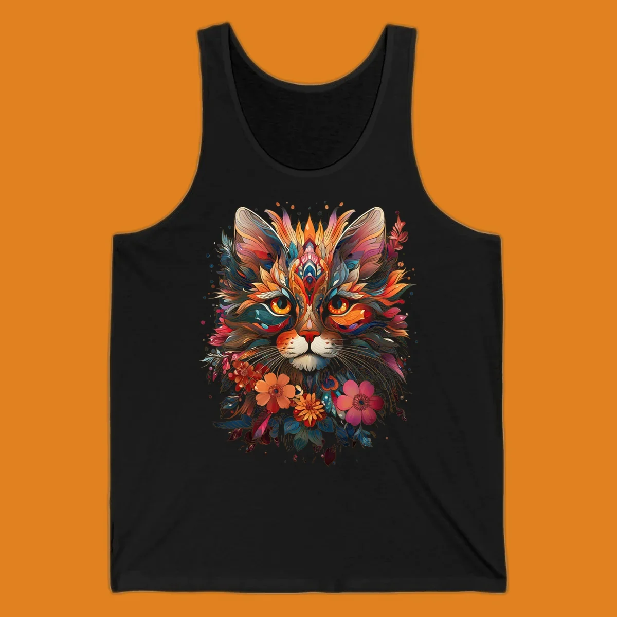A highly detailed and vibrant floral cat mandala illustration, featuring intricate patterns and rich colors.