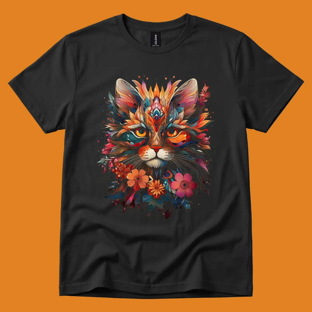 A highly detailed and vibrant floral cat mandala illustration, featuring intricate patterns and rich colors.