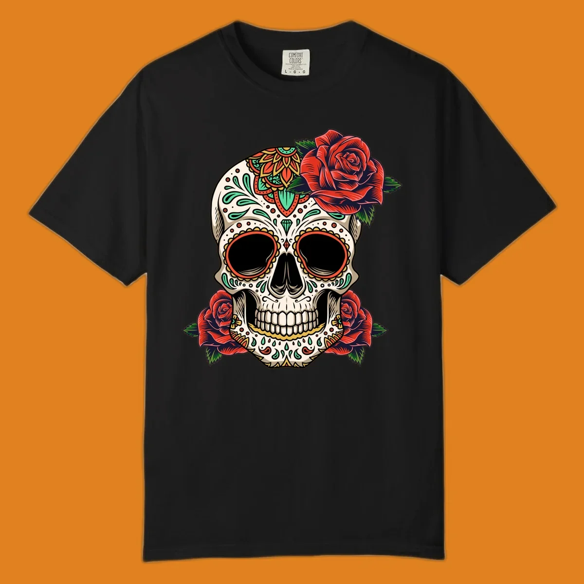 An intricately decorated calavera with red roses, featuring vibrant patterns in green, orange, and teal.