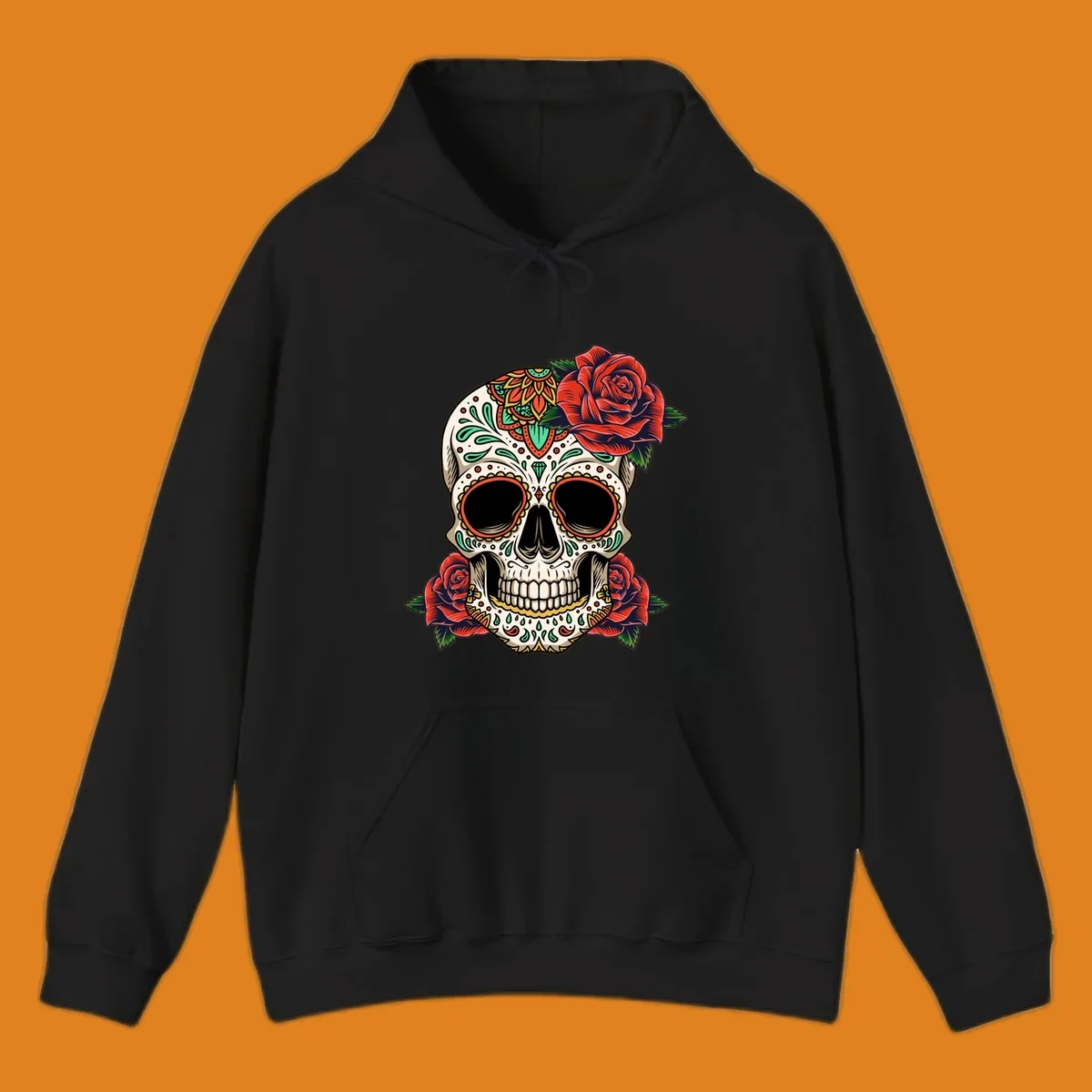 An intricately decorated calavera with red roses, featuring vibrant patterns in green, orange, and teal.