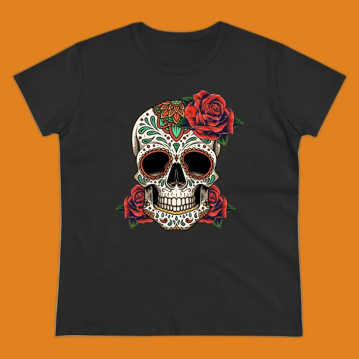 An intricately decorated calavera with red roses, featuring vibrant patterns in green, orange, and teal.