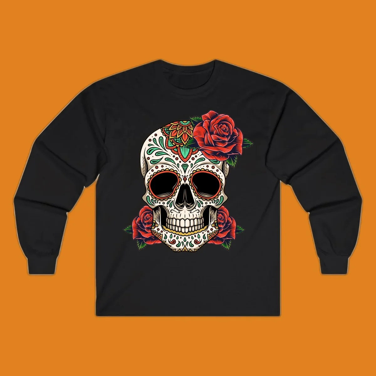 An intricately decorated calavera with red roses, featuring vibrant patterns in green, orange, and teal.
